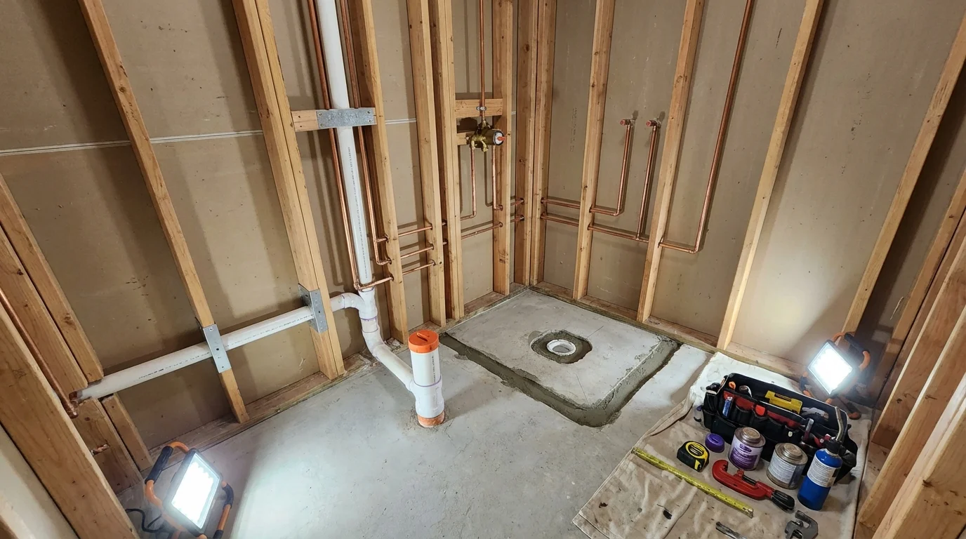 Bathroom rough-in plumbing during remodel by Johns Plumbing LLC in Indian Trail