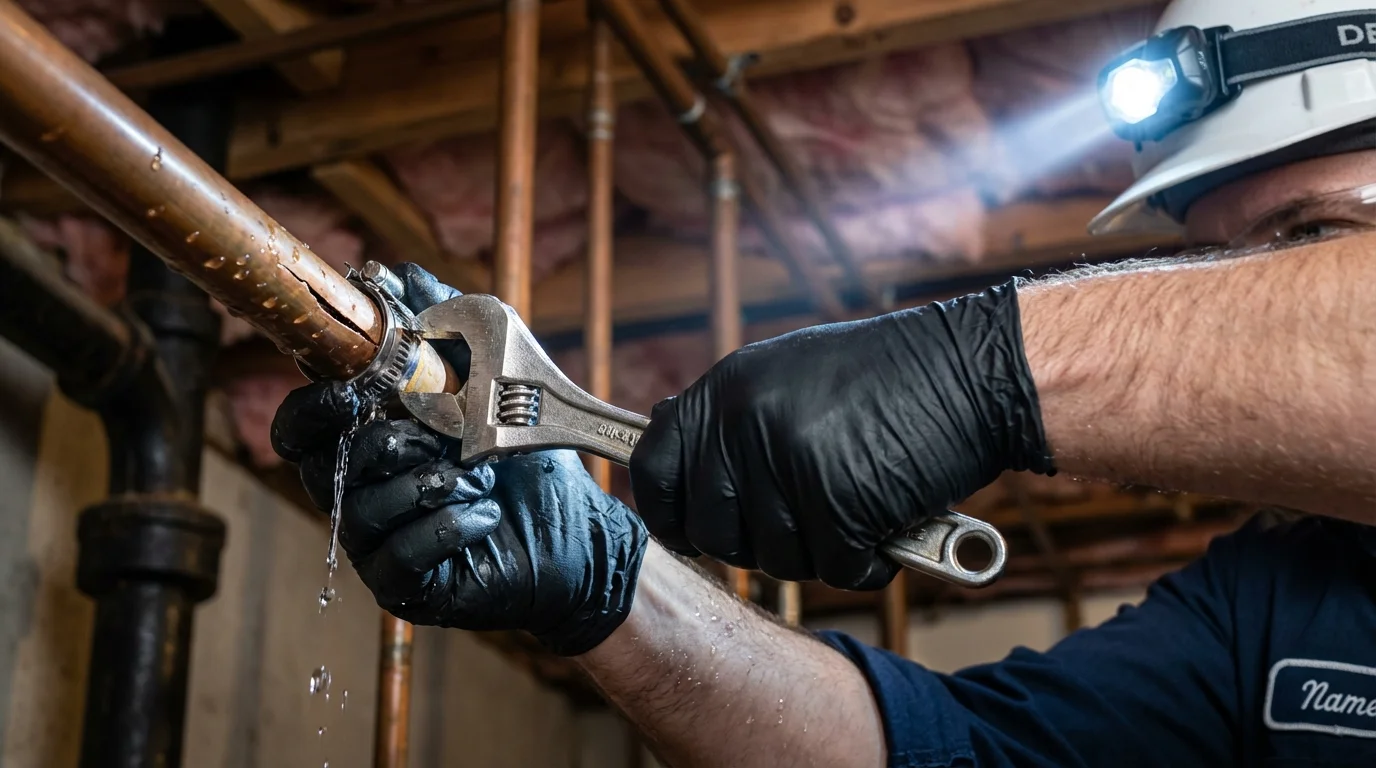 Emergency pipe clamp repair being performed by a Johns Plumbing LLC plumber in Indian Trail