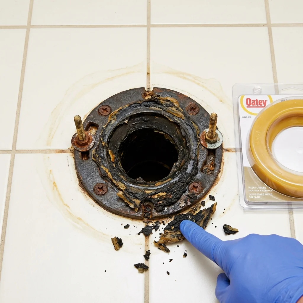 Failed wax ring showing water seepage at the base of a toilet in a Indian Trail, NC home