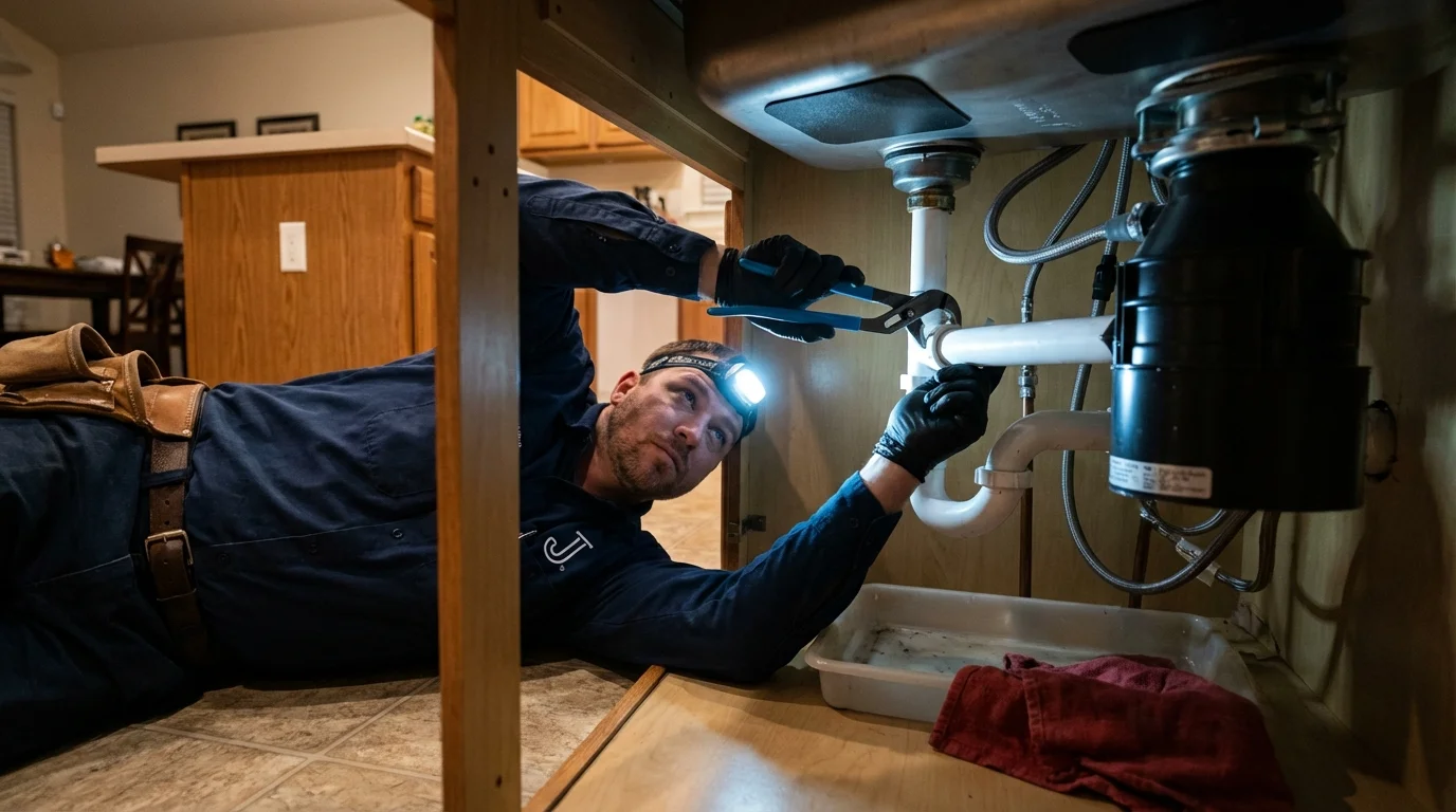 P-trap and supply line connections under a kitchen sink showing a common leak point in Indian Trail, NC